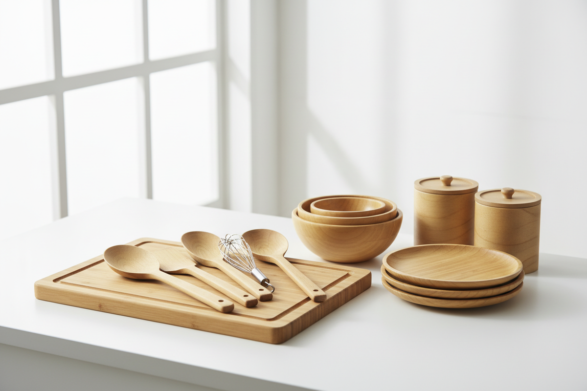 donne moi une image en rapport avec mon boutique en bambo qui concerne seulement la partie cuisine and home je veux un fond simple et lumineux pour la collection 
