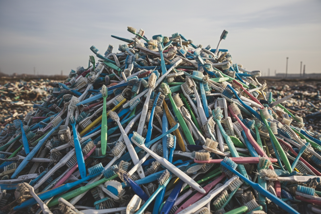 donne moi une image qui montre beauciup beauboup de brosee a dents en plastiqeu qui on etet ulisiter etst jeter 