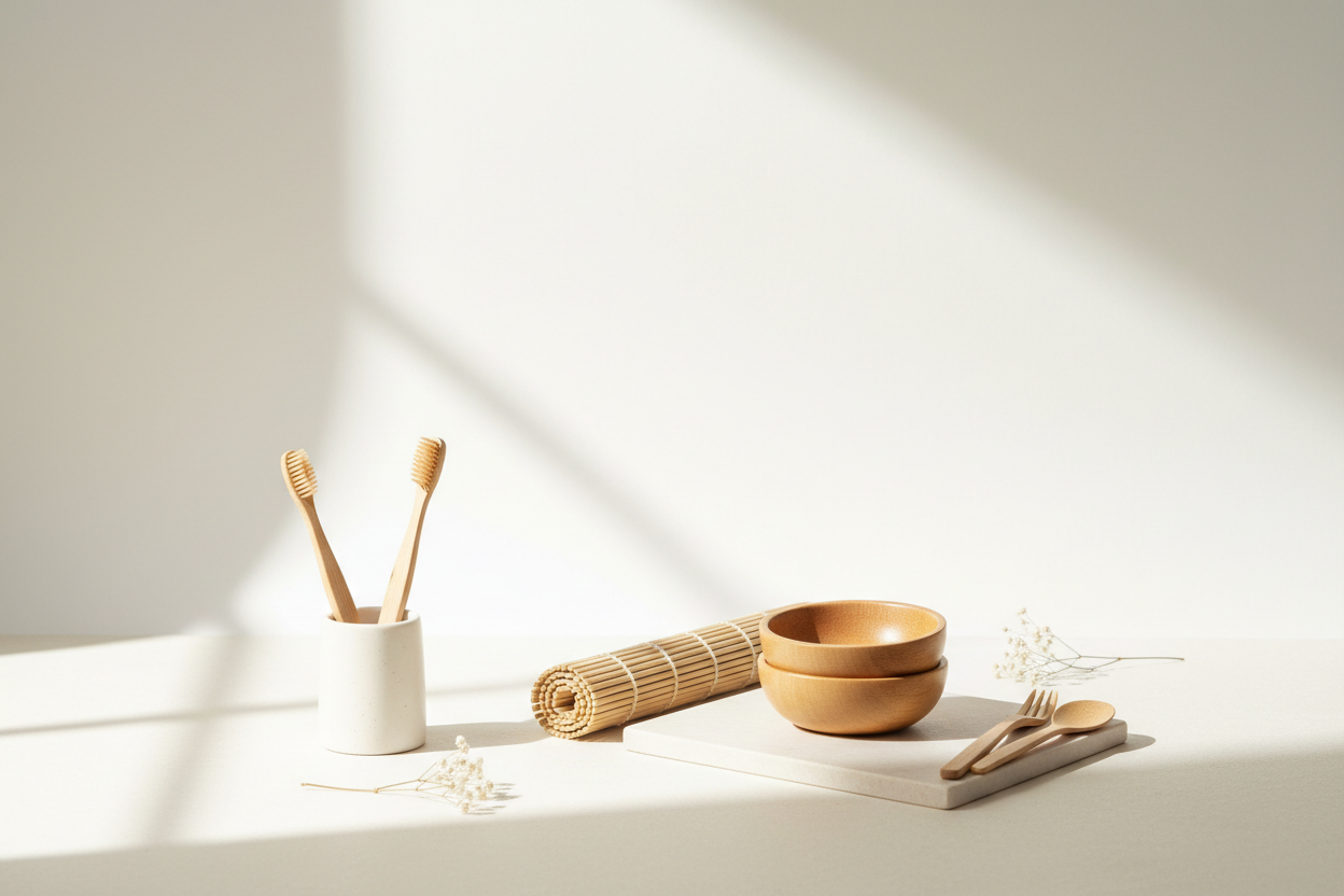 une image que je vais mettre dans la section our story sue mon site eco frindelu qui vont des produitr naturelle fabrique en bamboo je veux qq chose tres simple et arrire plan lumineux 